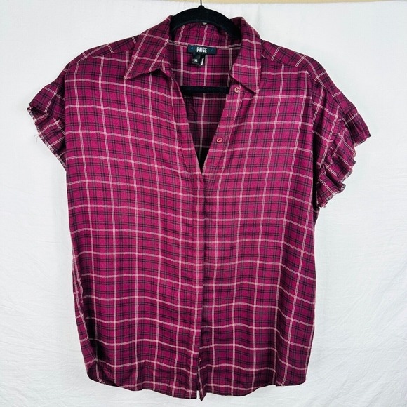 PAIGE Tops - Paige plaid button down‎ Women short sleeve distressed ruffles shirt soft Red XS